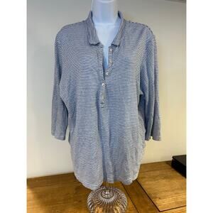 POETRY Sz L/14 100% Linen Blue Striped 3/4 Sleeve V Neck Shirt Women’s Coastal